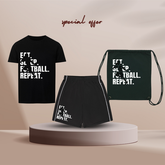 Bundles- Fotball Short & Unisex Shirt & Turnbeutel - EAT. SLEEP. FOOTBALL. REPEAT.  3- SET PIECE