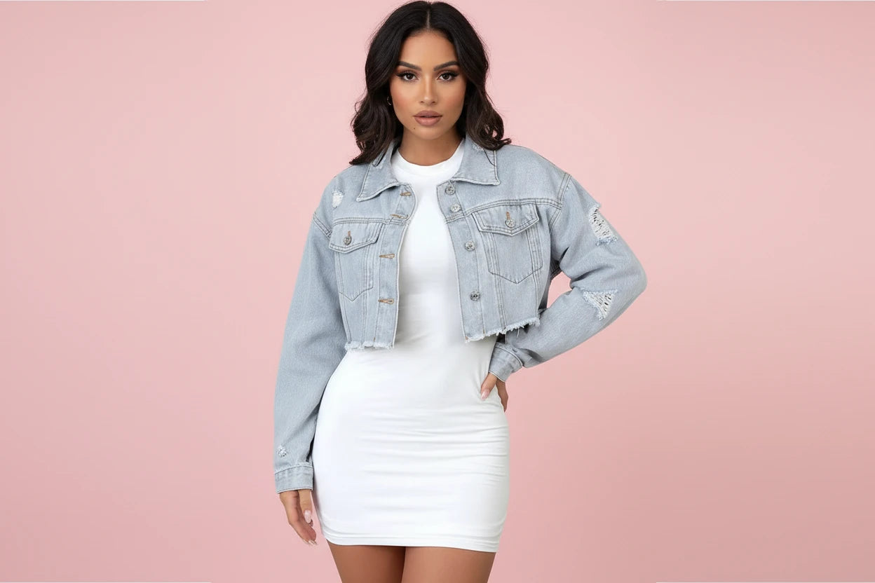 The Cropped Frayed Denim Jacket - Light Blue